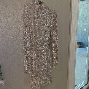 Black Halo Sparkling Silver Long Sleeve Dress